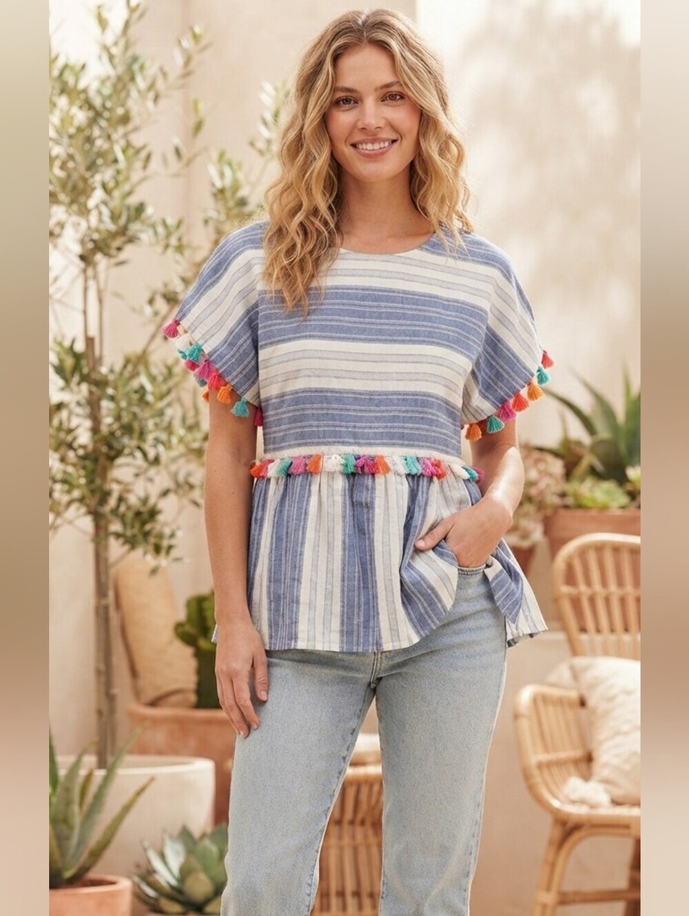 Andree by unit stripe tassel blouse sz small
